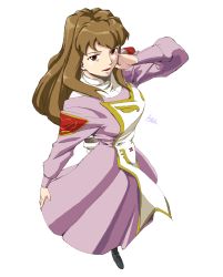 00s 1girl adjusting_hair aoba aoba_(smartbeat) artist_name brown_hair dress female_focus from_above highres long_hair long_sleeves looking_at_viewer looking_up meister_otome_uniform my-otome open_mouth purple_dress red_eyes shizuru_viola simple_background smile solo victorian white_background