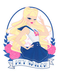 1girl adapted_costume artist_name bare_shoulders bishoujo_senshi_sailor_moon blonde_hair blue_eyes blue_sailor_collar blue_skirt blush bow bowtie breasts closed_mouth earrings english_text female_focus flower hand_on_own_hip hand_up happy heart highres jewelry littlepaperforest long_hair looking_at_viewer miniskirt one_eye_closed pink_bow pink_bowtie pink_flower pink_lips pink_rose pleated_skirt rose sailor_collar sailor_moon shirt skirt sleeveless sleeveless_shirt small_breasts smile solo tsukino_usagi twintails very_long_hair victory_rolls w watermark web_address wink