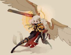 1girl absurdres adepta_sororitas alpha_(alpha_1918) arm_up armor black_bodysuit bodysuit boots breasts cape chainsword deo_artist fantasy feathered_wings fighting_stance fleur-de-lis halo highres holding holding_sword holding_weapon large_breasts long_hair looking_to_the_side non-web_source original over_shoulder pauldrons pelvic_curtain power_armor purity_seal red_cape red_eyes shadow shoulder_armor simple_background skull skull_ornament solo spiked_halo sword toon_(style) warhammer_40k wavy_hair weapon weapon_over_shoulder white_hair wings
