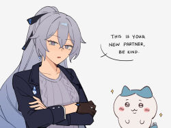 Rule 34 | 1girl, :3, black gloves, black jacket, bronya zaychik, bronya zaychik (outstanding attitude), bronya zaychik (silverwing: n-ex), chiikawa, crossed arms, crossover, gloves, grey background, grey eyes, grey hair, grey sweater, hachiware (chiikawa), highres, honkai (series), honkai impact 3rd, jacket, long hair, long sleeves, looking at viewer, parted lips, rena ( rrena), ribbed sweater, simple background, single glove, sweater, upper body, very long hair