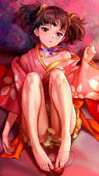 10s 1girl :o arm_at_side as109 bare_shoulders barefoot between_toes black_hair blue_ribbon blush brown_eyes cherry_blossoms choker collarbone convenient_censoring feet female_focus floral_print frills full_body hair_ribbon hair_tubes highres japanese_clothes kendama kimono koutetsujou_no_kabaneri legs long_legs looking_at_viewer lying mumei_(kabaneri) no_panties off_shoulder on_back plantar_flexion ribbon ribbon_choker sash short_kimono solo string toes twintails upskirt yellow_ribbon
