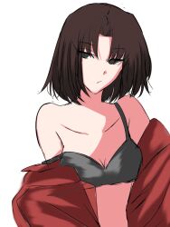 Rule 34 | 1girl, ameraarch, bare shoulders, black bra, blue eyes, bob cut, bra, breasts, brown hair, cleavage, closed mouth, collarbone, highres, jacket, kara no kyoukai, long sleeves, looking at viewer, off shoulder, open clothes, parted bangs, red jacket, ryougi shiki, short hair, simple background, small breasts, solo, underwear, upper body, white background