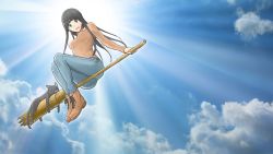 1girl ass breasts broom cat chito_(flying_witch) denim flying_witch from_below green_eyes happy highres ishizuka_chihiro kowata_makoto medium_breasts open_mouth solo