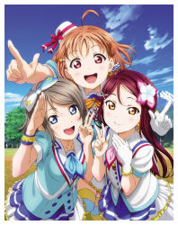 3girls ahoge artbook blue_eyes blue_sky bow bowtie day earrings flower gloves grey_hair hair_bow hair_flower hair_ornament hat highres jewelry long_hair looking_at_viewer love_live! love_live!_sunshine!! mini_hat multiple_girls non-web_source official_art open_mouth orange_hair outdoors red_eyes red_hair sakurauchi_riko salute short_hair skirt sky smile takami_chika thighhighs v watanabe_you white_gloves yellow_bow yellow_bowtie yellow_eyes