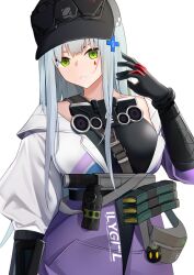 1girl absurdres adjusting_hair black_gloves black_hat blue_hair breasts cross elbow_gloves explosive expressionless facepaint girls&#039;_frontline girls&#039;_frontline_2:_exilium gloves green_eyes grenade hair_ornament hairclip hand_up hat highres hk416_(girls&#039;_frontline) iron_cross jacket klukai_(girls&#039;_frontline_2) kotoha_(kotoha65) long_hair looking_at_viewer magazine_(weapon) medium_breasts solo teardrop very_long_hair