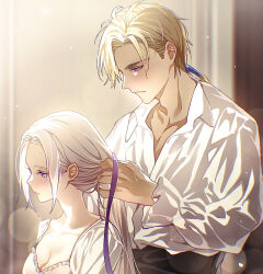 Rule 34 | 1boy, 1girl, black pants, blonde hair, blue eyes, blurry, blurry background, breasts, cleavage, closed mouth, collarbone, couple, dated commentary, dimitri alexandre blaiddyd, edelgard von hresvelg, fire emblem, fire emblem: three houses, fire emblem warriors: three hopes, frilled sleeves, frills, from side, hair down, hands up, highres, holding another&#039;s hair, indoors, light blush, light particles, long hair, long sleeves, looking down, looking to the side, low ponytail, medium breasts, nintendo, official alternate hairstyle, pants, parted bangs, partially unbuttoned, ponytail, purple eyes, purple ribbon, ribbon, shade, short hair, sitting, soma otakuu, standing, white hair