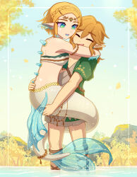 1boy 1girl :d absurdres archaic_set_(zelda) autumn_leaves bandeau blonde_hair braid carrying carrying_person circlet closed_eyes crown_braid day enni green_eyes highres hug leaf link mermaid monster_girl monsterification nintendo open_mouth outdoors princess_zelda short_hair smile spikes the_legend_of_zelda the_legend_of_zelda:_tears_of_the_kingdom wading white_bandeau