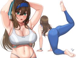 1girl aqua_eyes arm_support armpits arms_up ass bare_shoulders barefoot blue_hairband blue_pants blush breasts brown_hair cleavage collarbone commentary cowboy_shot drying drying_hair from_behind full_body goddess_of_victory:_nikke hair_between_eyes hairband highres holding holding_towel large_breasts leg_up long_hair looking_at_viewer midriff multiple_views navel open_mouth p-kun_(peerayuth52) pants rumani_(nikke) sidelocks signature simple_background sports_bra sportswear stomach sweat towel towel_on_head white_background white_sports_bra yoga yoga_pants