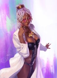 1girl athus athusneves bodypaint braid braided_ponytail breasts cleavage collar curvy dark_skin dolores_(kof) earrings female_focus glasses gold green_eyes jewelry large_breasts long_hair long_sleeves looking_at_viewer panties purple_hair round_eyewear standing the_king_of_fighters thick_lips thick_thighs thighs underwear white_hair wide_hips