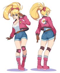 1girl belt blonde_hair blue_shorts boots breasts brown_belt brown_gloves cleavage denim denim_shorts gloves hair_ribbon highres jacket knee_pads large_breasts long_hair mario_(series) mario_kart mario_kart_world mithrasss multiple_views nintendo official_alternate_costume official_alternate_hairstyle open_clothes open_jacket pink_boots pink_jacket pink_ribbon ponytail princess_peach princess_peach_(touring) ribbon short_shorts shorts simple_background tank_top white_background white_tank_top