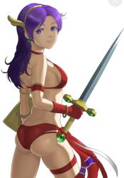 1girl artist_request ass athena_(series) bikini breasts buruma butt_crack legs lipstick long_hair looking_at_viewer looking_back makeup medium_breasts princess_athena purple_eyes purple_hair red_bikini red_buruma shield sideboob smile snk solo swimsuit sword thighs weapon