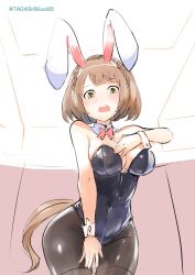 1girl alternate_costume animal_ears blush braid breasts brown_hair cleavage collarbone commentary_request crown_braid hair_between_eyes hair_ornament hairband horse_ears horse_girl looking_at_viewer medium_breasts medium_hair navel open_mouth pantyhose sinzan solo tail twitter_username umamusume white_background yukino_bijin_(umamusume)