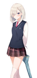1girl arms_behind_back black_skirt blue_sweater_vest blunt_ends blush closed_mouth collared_shirt commentary_request cover cover_image cover_page earrings eyes_visible_through_hair hair_over_one_eye holding holding_umbrella jewelry looking_at_viewer miniskirt necktie novel_cover official_art plaid_clothes plaid_skirt pleated_skirt red_necktie school_uniform shirt short_hair simple_background skirt solo standing sweater_vest thighhighs tomari_(veryberry00) tomodachi_no_imouto_ga_ore_ni_dake_uzai tsukinomori_mashiro umbrella white_background white_shirt white_thighhighs wing_collar