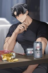 1boy absurdres beer_can black_hair black_shirt blue_eyes blush can chips_(food) closed_mouth drink_can earrings food genshin_impact grey_hair hair_between_eyes highres jewelry male_focus multicolored_hair potato_chips scar scar_on_arm scar_on_neck shirt short_hair short_sleeves solcha solo streaked_hair t-shirt wriothesley_(genshin_impact)