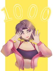 Rule 34 | ayana spector, black choker, bra, brown hair, celebration, choker, ghost, ghost girl, hands up, indie virtual youtuber, jacket, jewelry, necklace, numbers, one eye closed, pink eyes, pink hair, pink jacket, purple bra, purple tank top, purple top, sisimaru, star (symbol), star necklace, tank top, tilted head, tongue, tongue out, torso, underwear, upper body, virtual youtuber, wink
