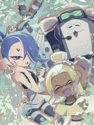2girls ^_^ big_man_(splatoon) big_man_(splatoon_raiders) blonde_hair blue_hair cephalopod_eyes closed_eyes colored_tips dark-skinned_female dark_skin earrings frye_(splatoon) frye_(splatoon_raiders) hair_over_one_eye hashtag-only_commentary highres jewelry midriff multicolored_hair multiple_girls navel nintendo norwo724 official_alternate_costume open_mouth purple_hair red_eyes shiver_(splatoon) shiver_(splatoon_raiders) short_eyebrows single_earring smile splatoon_(series) splatoon_raiders thick_eyebrows topknot two-tone_hair water