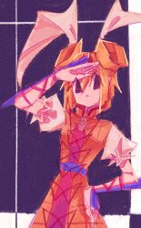 1girl :&lt; blonde_hair bow closed_mouth commentary cowboy_shot double_bun dress expressionless guuchama hair_between_eyes hair_bow hair_bun hand_on_own_hip hollow_eyes joutouguu_mayumi looking_at_viewer puffy_short_sleeves puffy_sleeves purple_background salute shirt short_hair short_sleeves sleeveless sleeveless_dress solo static touhou vambraces white_bow white_shirt yellow_dress