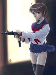 1girl brown_hair female_focus gun machine_pistol panties pantyshot rasukaru school_uniform serafuku short_hair smile solo submachine_gun thighhighs underwear uzi weapon white_panties wind wind_lift