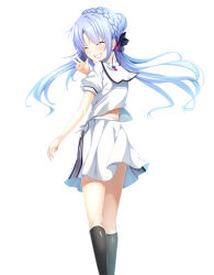 1girl :d ^_^ black_bow black_socks blue_hair blush bow braid closed_eyes commentary_request crown_braid eyes_visible_through_hair facing_viewer feet_out_of_frame floating_hair grin hair_between_eyes hair_bow hair_bun hand_up happy highres kneehighs kneepits lips long_hair midriff_peek miniskirt open_mouth puffy_short_sleeves puffy_sleeves sailor_collar school_uniform serafuku shirt shootinghaze short_sleeves sidelocks simple_background single_hair_bun skirt smile socks solo sorakado_ao standing summer_pockets summer_pockets_school_uniform variant_set very_long_hair w waving white_background white_sailor_collar white_serafuku white_shirt white_skirt