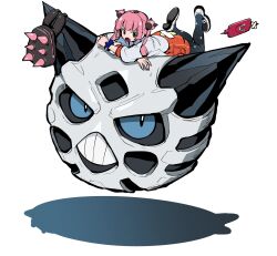 1girl backpack bag bandages black_bag black_eyes black_hair blue_eyes commentary coral_(pokemon) crossed_arms double_bun fang feet_up floating full_body gen_3_pokemon gen_4_pokemon glalie hair_bun highres horns looking_at_viewer lying medium_hair multicolored_hair nail_polish naranja_academy_school_uniform nintendo on_stomach open_mouth orange_shorts pantyhose pink_hair pink_nails plant_roots pokemon pokemon_(anime) pokemon_(creature) pokemon_horizons print_pantyhose rotom rotom_phone school_uniform shadow shirt shoes shorts simple_background sparkle_print spikes takafumi_696 teeth the_pose twintails two-tone_hair white_background white_shirt wristband