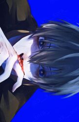 1boy absurdres arm_up black_hair black_shirt blood blood_on_face blue_background blue_eyes blue_lock commentary_request covered_mouth covering_own_mouth crew_neck hair_between_eyes highres itoshi_rin looking_ahead male_focus nosebleed shirt short_hair sideways simple_background solo watermark wiping_face z_(user_asha7224)