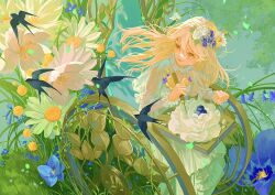 1girl bird blonde_hair blue_flower book chick closed_mouth daisy_(flower) day dress eyelashes falling_leaves floral_print flower full_body grass green_eyes hair_between_eyes hair_flower hair_ornament highres holding_chisel iyzlime layered_sleeves leaf lipstick long_dress long_hair long_sleeves looking_at_animal makeup neck_ruff original outdoors oversized_flower pansy pink_lips puffy_short_sleeves puffy_sleeves rose see-through_clothes see-through_sleeves short_over_long_sleeves short_sleeves smile solo swallow_(bird) tree white_dress white_flower white_rose