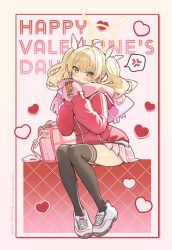 1girl ahoge anger_vein bag black_thighhighs blonde_hair blue_archive blush border box can canned_coffee checkered_clothes checkered_skirt closed_mouth drink_can full_body gift hair_ribbon halo happy_valentine heart heart-shaped_box highres holding holding_can hood hood_down hooded_jacket jacket looking_at_viewer mittens pink_background pink_bag pink_mittens pink_ribbon pink_scarf pink_skirt pleated_skirt pout red_jacket ribbon sakuro scarf school_bag shoes sitting skirt solo spoken_anger_vein thighhighs track_jacket twintails twitter_username v-shaped_eyebrows valentine white_border white_shoes white_sneakers yellow_eyes yellow_halo yoshimi_(blue_archive)
