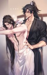 ... 2boys abs absurdres adam&#039;s_apple bare_pectorals bent_over black_hair black_hanfu black_sash brown_hair chinese_clothes chu_wanning closed_eyes closed_mouth collarbone cowboy_shot erha_he_tadebai_mao_shizun furrowed_brow hair_down hand_on_another&#039;s_waist hanfu high_ponytail highres holding holding_towel indoors korean_commentary long_hair looking_at_another male_focus mo_ran multiple_boys naked_towel nipples open_clothes partially_shaded_face pectoral_cleavage pectorals ponytail purple_eyes sash standing toned toned_male topless_male towel washing_another wet wet_hair wet_towel xiao_guan_(headdress) yaoi zehel_az