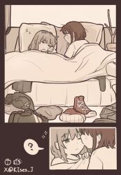 2girls ? bedroom brown_hair closed_eyes commentary_request girls_band_cry grey_hair highres iseri_nina jacket kawaragi_momoka kiss kissing_cheek long_hair masaru_(kises_j) morning multicolored_hair multiple_girls on_bed one_eye_closed open_mouth pillow plant potted_plant roots_(hair) shoes short_hair sleeping socks spoken_question_mark under_covers unworn_jacket unworn_shoes unworn_socks waking_up yuri