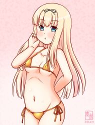 Rule 34 | 1girl, alternate costume, arm behind back, artist logo, bikini, blunt bangs, breasts, commentary request, covered erect nipples, cowboy shot, dated, gold bikini, gradient background, hair ribbon, kanon (kurogane knights), kantai collection, logo, long hair, looking at viewer, one-hour drawing challenge, pink background, ribbon, side-tie bikini bottom, small breasts, solo, standing, swimsuit, yuudachi (kancolle)