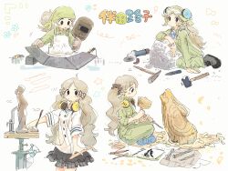 1girl absurdres ahoge alternate_costume alternate_hairstyle angle_grinder apron arm_rest bandana black_eyes black_footwear black_skirt blue_footwear blush boots bow brown_hair buttons carving character_name chisel commentary_request double-breasted eyewear_on_head folded_ponytail green_bandana green_jumpsuit hair_bow hair_ornament hair_scrunchie handa_roco headphones headphones_around_neck headphones_removed highres holding holding_chisel holding_mallet idolmaster idolmaster_million_live! indian_style jumpsuit kneeling long_hair mallet mask multiple_hair_bows multiple_views nendo23 parted_bangs respirator rock safety_glasses scrunchie sculpting sculpture shirt simple_background sitting sketchbook skirt tongue tongue_out twintails welding_mask white_apron white_shirt wood_carving_tool