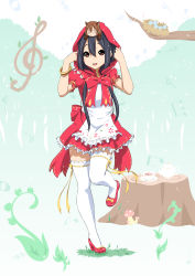 2girls :d absurdres animal_ears big_bad_wolf big_bad_wolf_(cosplay) black_hair bracelet brown_eyes brown_hair cosplay hatsune_miku hatsune_miku_(mikuzukin) highres hirasawa_yui hood jewelry k-on! little_red_riding_hood little_red_riding_hood_(grimm) little_red_riding_hood_(grimm)_(cosplay) long_hair mini_person minigirl multiple_girls nakano_azusa oku_no_shi open_mouth puffy_short_sleeves puffy_sleeves red_footwear ribbon-trimmed_legwear ribbon_trim shoes short_hair short_sleeves smile thighhighs twintails vocaloid white_legwear