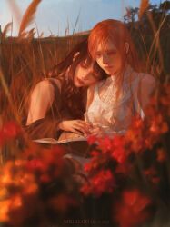 2girls artist_name ascot black_ascot black_hair black_nails blue_eyes blurry book clothing_cutout dated day depth_of_field dress field final_fantasy final_fantasy_xiv flower gaia_(ff14) half-closed_eyes head_on_another&#039;s_shoulder highres holding holding_book hyur long_hair migaloo multiple_girls nail_polish orange_hair outdoors realistic red_flower ryne_waters shoulder_cutout smile upper_body white_dress yuri