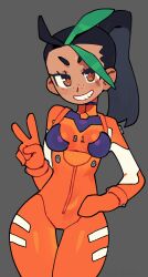 1girl archived_source bodysuit brown_eyes cosplay freckles green_hair grey_background hand_on_own_hip inktaru mecha_pilot_suit multicolored_hair nemona_(pokemon) neon_genesis_evangelion nintendo orange_bodysuit plugsuit_(evangelion) pokemon pokemon_sv ponytail solo souryuu_asuka_langley souryuu_asuka_langley_(cosplay) thigh_gap two-tone_hair v v-shaped_eyebrows