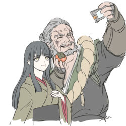 1boy 1girl ^_^ black_hair blunt_ends brown_kimono closed_eyes facial_tattoo final_fantasy final_fantasy_xiv food fruit gosetsu_daito grey_hair hand_on_own_chest highres holding holding_food holding_fruit holding_phone hyur japanese_clothes kimono long_hair mole mole_under_mouth old old_man open_mouth persimmon phone saku_ff11 short_hair signature simple_background sketch smile taking_picture tattoo upper_body white_background yellow_eyes yotsuyu_goe_brutus