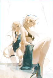 2girls absurdres bare_legs bikini bikini_top_only black_bra blonde_hair blue_eyes blue_skirt bra bracelet braid breasts bright_background candy cartethyia_(wuthering_waves) closed_mouth dudrinm earrings fleurdelys_(wuthering_waves) floating floating_object floating_sword floating_weapon food from_side hand_up high_heels highres holding holding_candy holding_food holding_lollipop horns jewelry large_breasts leg_up light_blush lollipop long_hair looking_at_viewer multiple_girls one-piece_swimsuit one_eye_closed open_mouth pointy_ears reflection single_braid single_horn sitting size_difference skirt small_breasts standing swimsuit sword tacet_mark_(wuthering_waves) teeth thick_thighs thigh_strap thighs thorns tongue tongue_out underwear upper_teeth_only very_long_hair weapon wuthering_waves