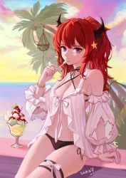 1girl arknights bare_shoulders bikini black_bikini bracelet breasts cherry cleavage closed_mouth cowboy_shot cup dated detached_sleeves eating food fruit gradient_sky hair_ornament horns ice_cream ice_cream_spoon jewelry large_breasts long_hair long_sleeves looking_at_viewer navel official_alternate_costume puffy_long_sleeves puffy_sleeves purple_eyes red_hair signature sky smile solo spoon star_(symbol) star_hair_ornament surtr_(arknights) surtr_(colorful_wonderland)_(arknights) swimsuit swimsuit_cover-up thigh_strap yitai_zhi_meng