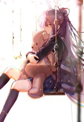 Rule 34 | 1girl, backlighting, black goats, black jacket, black socks, blue skirt, chromatic aberration, date a live, from side, hair between eyes, hair ribbon, highres, hugging object, jacket, kneehighs, large teddy bear, long hair, long sleeves, miniskirt, ponytail, purple hair, raizen high school uniform, red eyes, red ribbon, ribbon, school uniform, sitting, skirt, socks, solo, very long hair, white background, yatogami tohka