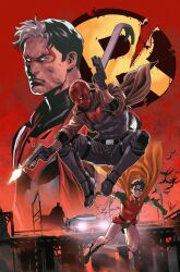 absurdres bat_signal batman batman_(series) batman_symbol batmobile black_bodysuit black_gloves black_hair blue_eyes bodysuit brown_jacket cape cowl dc_comics domino_mask dual_wielding gloves grey_bodysuit gun highres holding holding_gun holding_weapon jacket jason_todd lucas_meyer male_focus mask multicolored_hair multiple_boys multiple_persona muscular muscular_male open_clothes pants red_hood_(2018_costume) red_hood_(dc) red_hood_and_the_outlaws red_mask robin_(dc) shirt short_hair superhero_costume taut_bodysuit two-tone_bodysuit two-tone_hair weapon western_comics_(style) yellow_cape