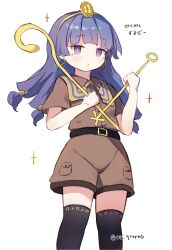 1girl ar_(maeus) belt black_thighhighs blue_eyes blue_hair brown_shirt brown_shorts collared_shirt earrings egypt facial_mark fossilized_wonders gold gold_buckle gold_hairband gold_headdress gold_headwear hairband holding holding_scepter jewelry key_earrings long_hair looking_at_viewer michigami_nareko scepter shirt short_sleeves shorts solo tattoo thighhighs touhou triangle triangle_facial_mark