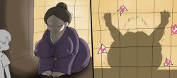 1boy 1girl absurdres age_difference breasts cleavage enigi09 highres huge_breasts japanese_clothes kimono large_breasts shota silhouette vaginal