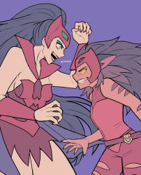 2girls absurdres alternate_universe animal_ears black_hair cat_ears cat_girl cat_tail catra dual_persona fangs heterochromia highres long_hair mask mask_on_head masters_of_the_universe multiple_girls ponytail she-ra_and_the_princesses_of_power tail takamizo bad_tag villains
