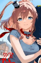 Rule 34 | 1boy, 1girl, alternate costume, artist name, blue eyes, breasts, brown hair, closed mouth, dated, dress, grey dress, hair between eyes, high side ponytail, highres, holding another&#039;s arm, kantai collection, large breasts, long hair, looking at viewer, neckerchief, one-hour drawing challenge, red neckerchief, ren (pawer1945), saratoga (kancolle), side ponytail, sidelocks, smile, smokestack, smokestack hair ornament, upper body