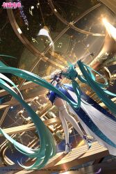 1girl absurdly_long_hair aqua_eyes aqua_hair arched_back artist_name back bad_source black_choker black_gloves blue_bow blue_dress bow character_name choker copyright_name dispersion_(optics) dress dutch_angle falling_petals floating_hair from_behind gloves hair_between_eyes hair_ornament hairband hatsune_miku headphones high_heels highres instrument leaf light_rays long_hair looking_at_viewer looking_back musical_note official_art outstretched_arms parted_lips petals shoes solo sparkle standing standing_on_one_leg star_(sky) star_(symbol) sunbeam sunlight thighhighs trumpet twintails two-tone_dress v-von very_long_hair vocaloid watermark wedding_dress white_dress white_shoes white_thighhighs wide_shot