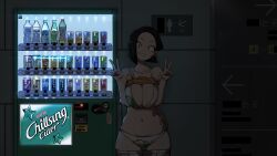 1girl absurdres arrow_(symbol) artistic_error bathroom_sign bikini black_eyes black_hair bottle breasts breasts_squeezed_together can cleavage english_text gatorade grin happening18 highres korean_text large_breasts looking_at_viewer non-web_source original pepsi short_hair sign smile solo strap_slip swimsuit vending_machine water_bottle white_bikini