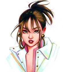 1girl blackpink brown_eyes brown_hair clenched_teeth collar commentary earrings highres hoop_earrings husky_tzu jennie_(blackpink) jewelry k-pop ponytail real_life red_lips sidelocks simple_background solo teeth upper_body white_background