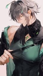 1boy alhaitham_(genshin_impact) aqua_hair chest_jewel chest_strap colored_inner_hair compression_shirt fingernails gem genshin_impact glove_in_mouth gloves green_eyes green_gemstone grey_background grey_hair headphones headphones_around_neck highres jacket large_pectorals male_focus mouth_hold multicolored_hair muscular muscular_male pectorals short_hair simple_background sleeveless solo unworn_jacket upper_body vyqi