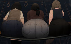 3girls ass ass_focus black_hair black_pantyhose brown_hair denim fat from_behind jeans long_hair long_sleeves medium_hair mmmmmkun multiple_girls original pants pantyhose pleated_skirt plump ponytail shirt short_sleeves sitting skirt subway unfinished white_shirt