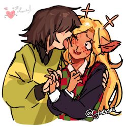 1girl 1other animal_ears antlers arm_around_shoulder black_shirt blonde_hair blush brown_eyes brown_hair checkered_sweater_vest commentary cynessai deer_antlers deer_ears deer_girl deltarune english_commentary english_text furry furry_female heart highres holding_hands horns kris_(deltarune) licking licking_another&#039;s_face long_hair noelle_holiday one_eye_closed other_with_female shirt short_hair signature tongue