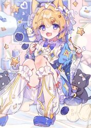 1girl :3 :d animal_ears artist_name blonde_hair blue_dress blush cat cat_ears cat_girl commentary cup dress food frilled_dress frilled_sleeves frills full_body holding holding_cup holding_spoon ice_cream leg_warmers long_hair long_sleeves open_mouth original purple_eyes see-through_clothes see-through_legwear sitting smile solo spoon symbol-only_commentary tsukumi_bis twitter_username